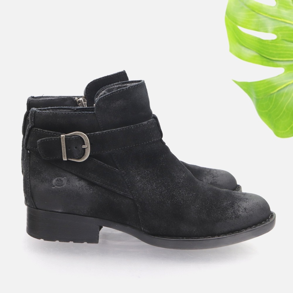 Born Morocco Boot Womens Size 9 Black Suede Distressed Buckle Heel Ankle Booties
